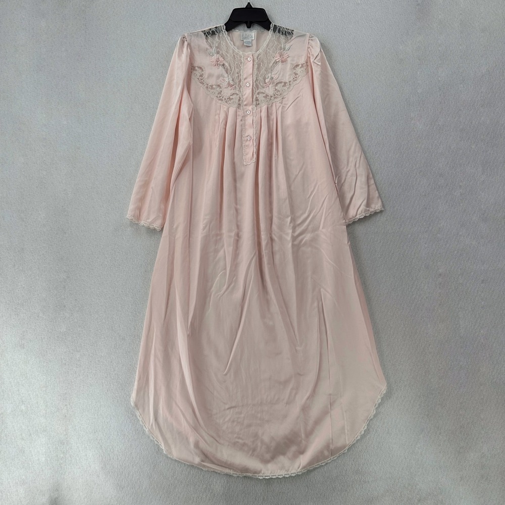 Vintage Sara‎ Beth Lace Pink Floral Satin Flannel Lined Nightgown Dress MED